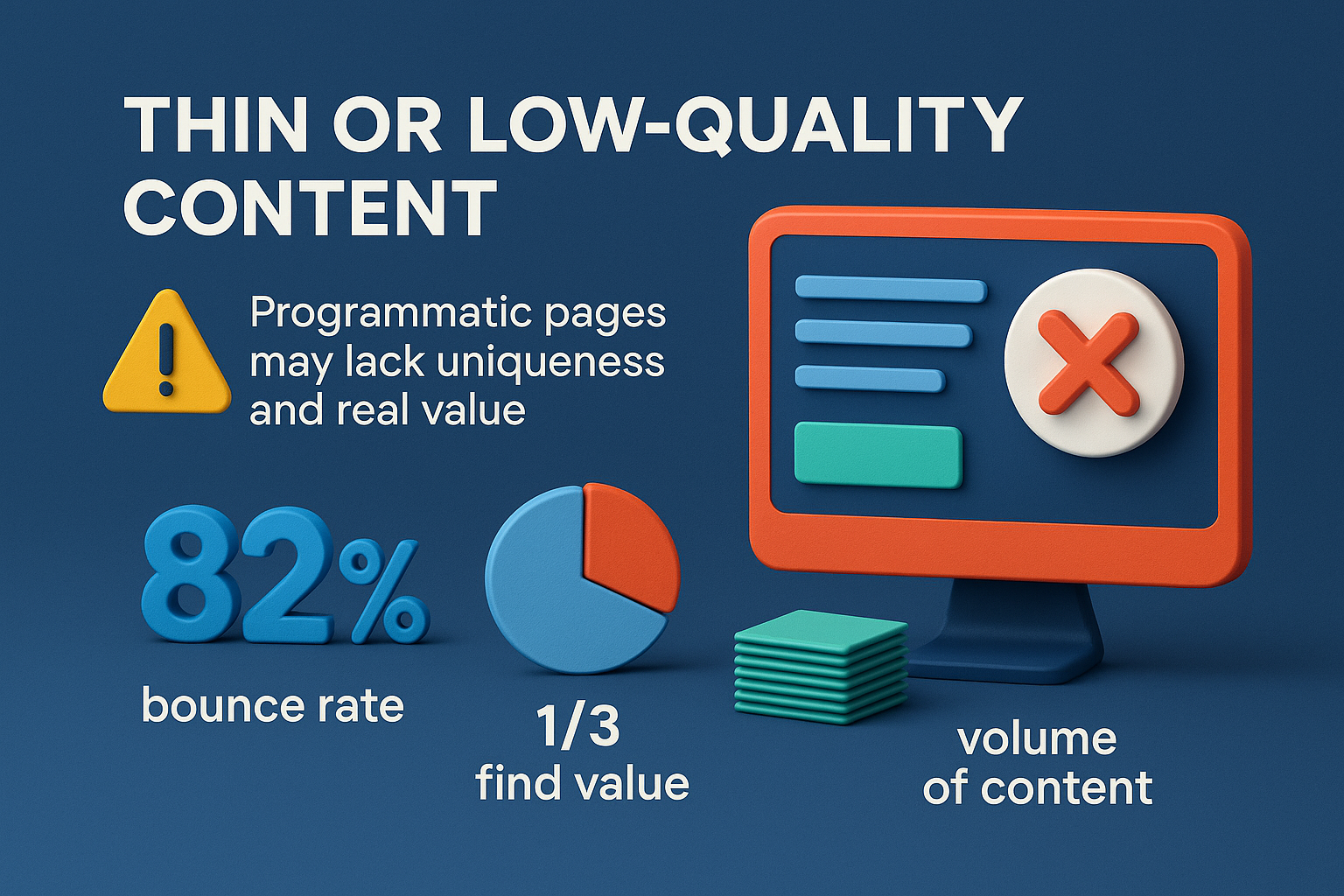 3D infographic showing risks of thin content in programmatic SEO: 82% bounce rate, 1 in 3 find value, risk of low-quality perception.