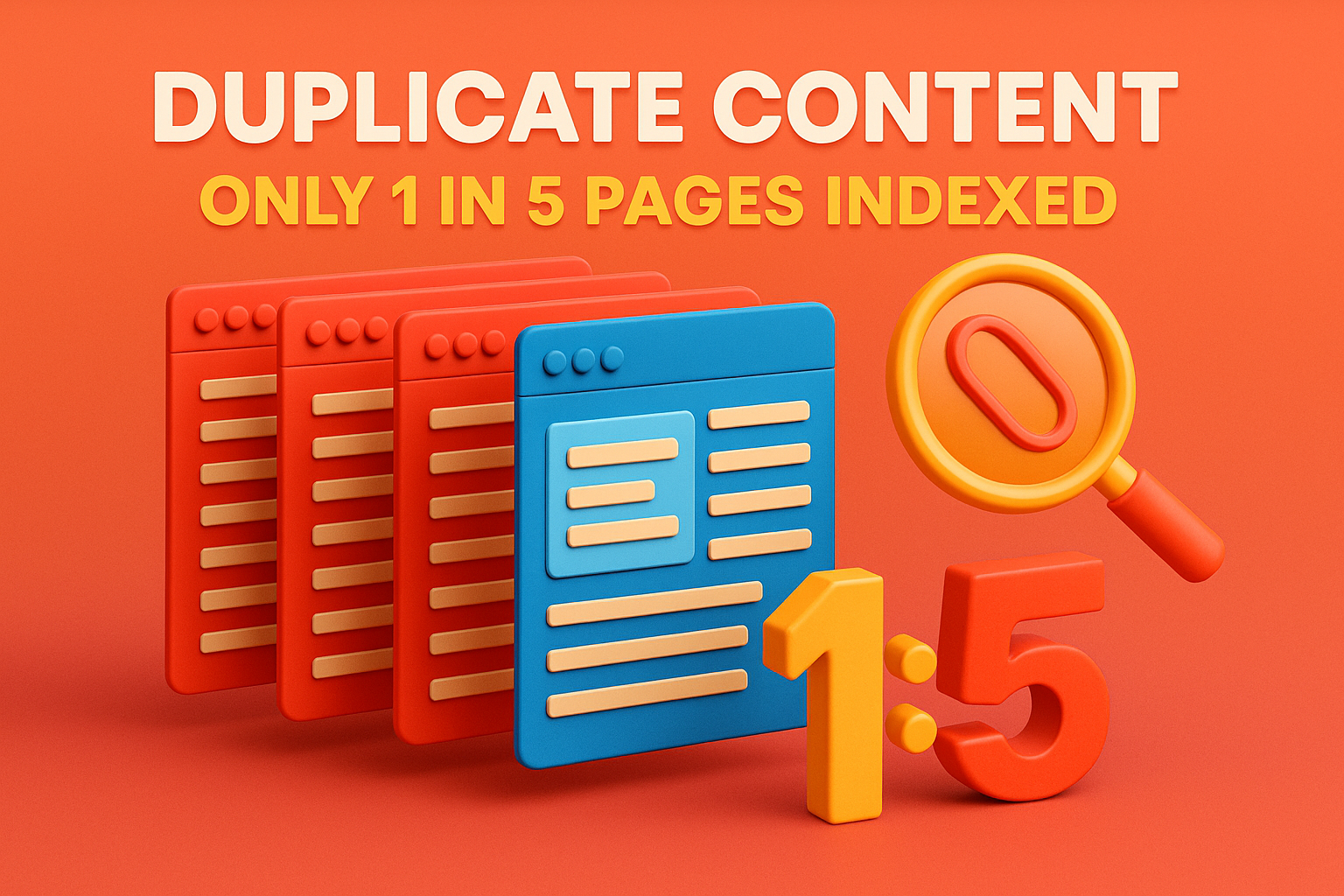 3D infographic showing risks of duplicate content in SEO: 62% of similar pages ignored, with emphasis on metadata, variation, and canonical use.