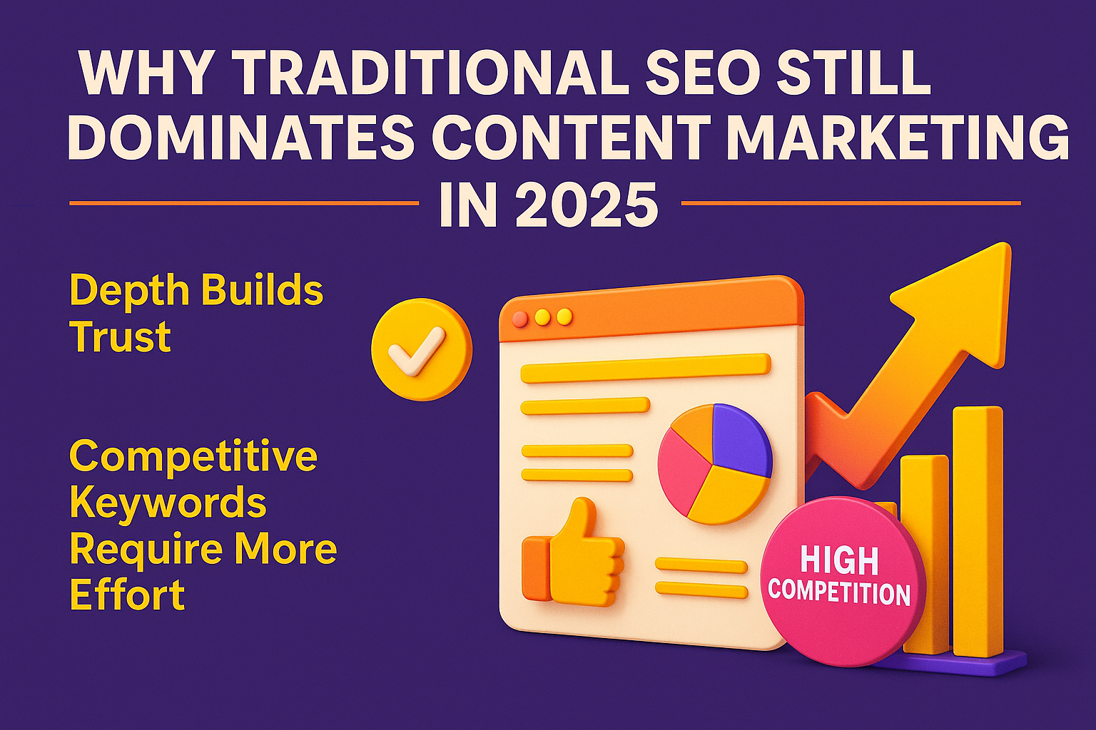 3D horizontal infographic showing why traditional SEO dominates in 2025: 74% trust long-form content, 61% backlinks go to in-depth pages.