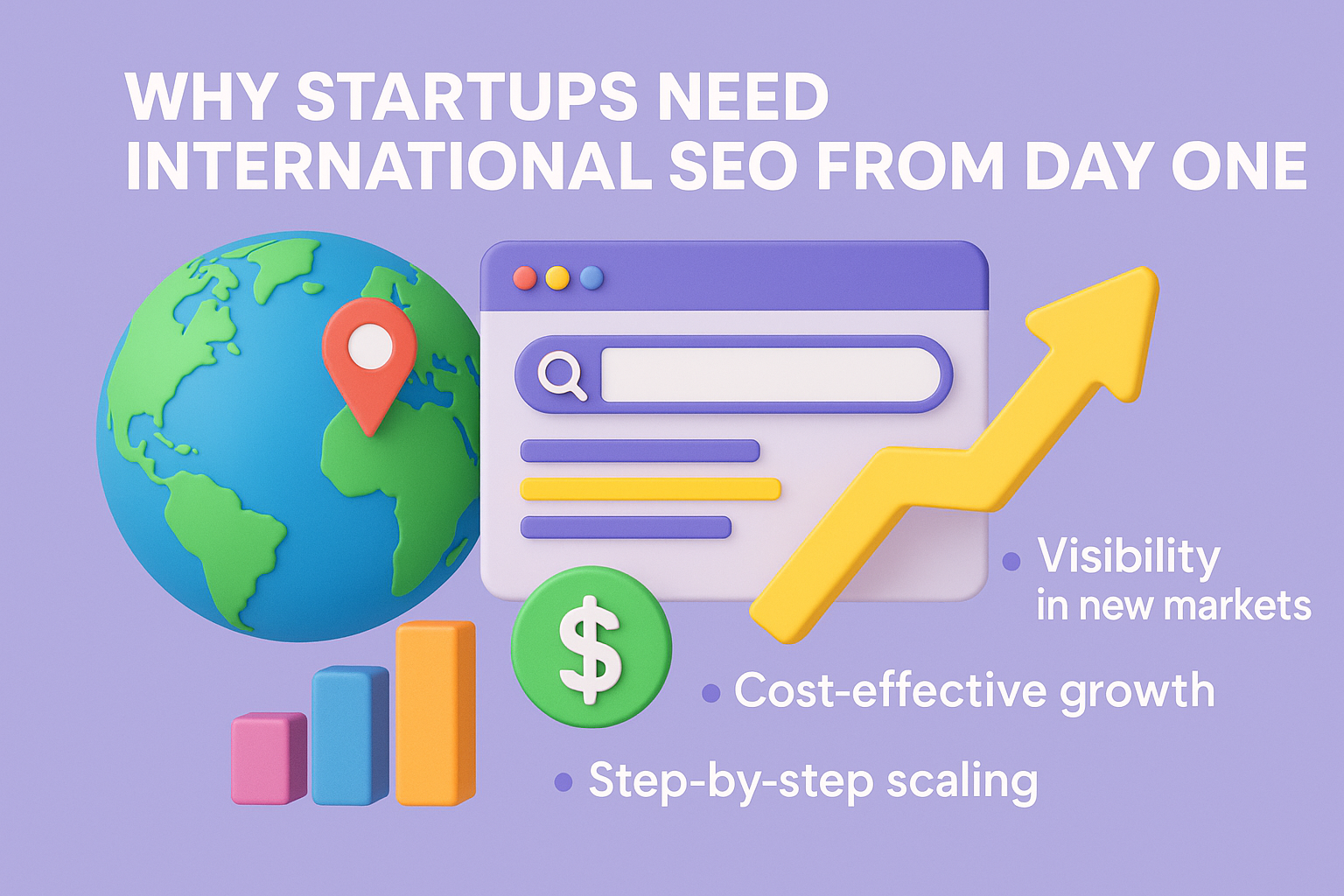 Infographic on why startups need international SEO from day one, highlighting global visibility, cost savings, and scaling growth