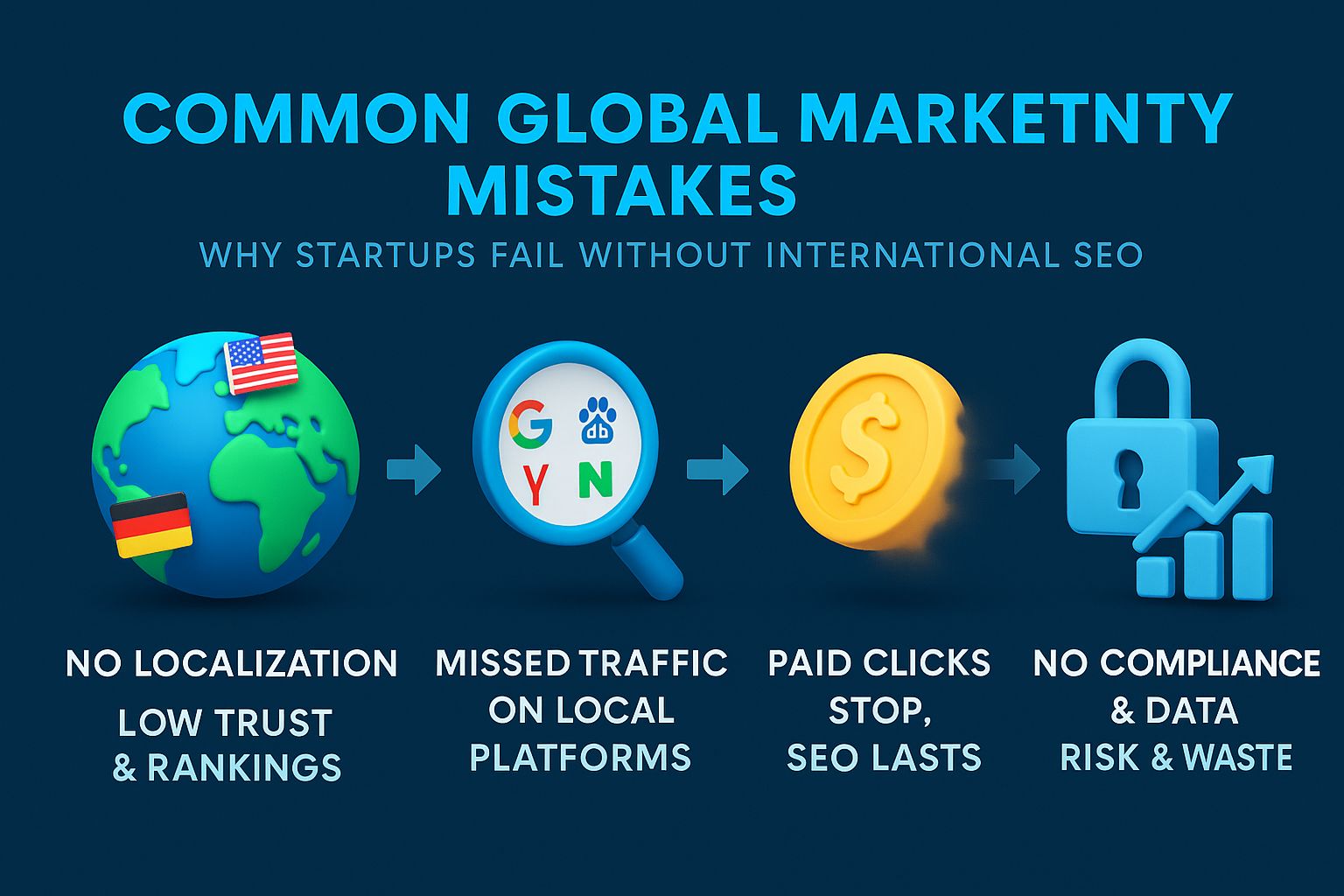 Infographic showing common global market entry mistakes startups make without international SEO no localization, missed traffic, ad reliance, compliance risks