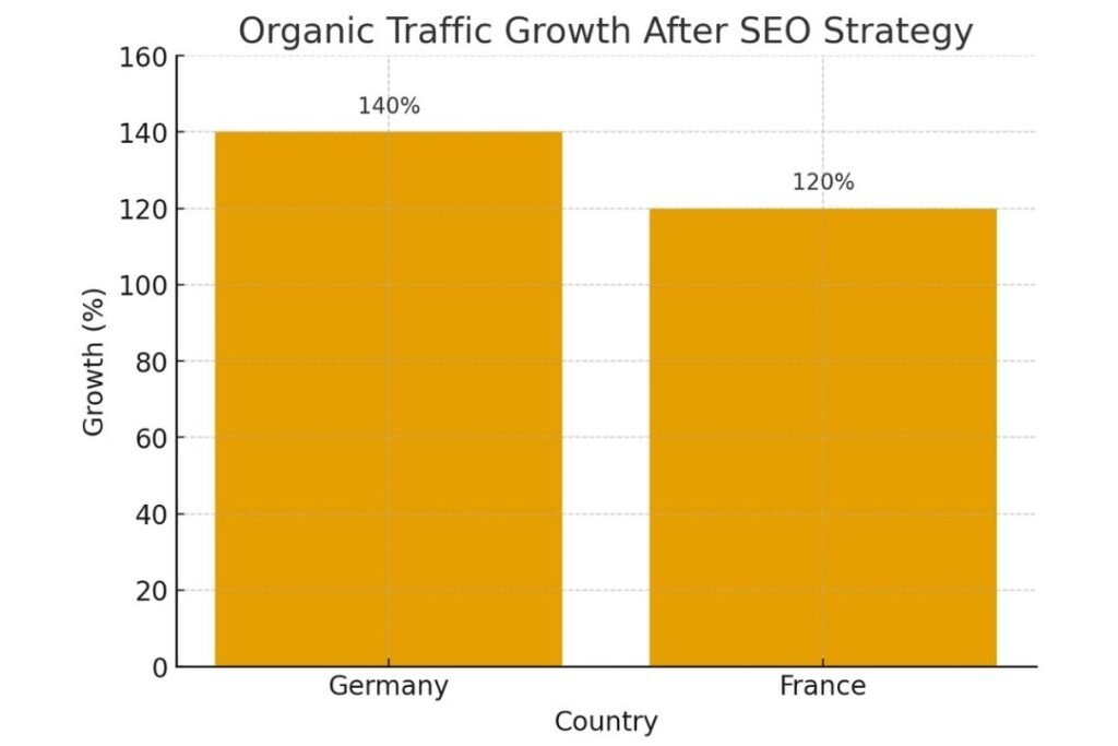 Bar chart showing organic traffic growth: Germany 140% and France 120% after international SEO strategy.