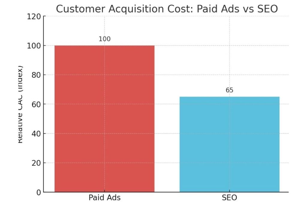 Bar chart comparing CAC: Paid ads indexed at 100, SEO reduced cost to 65, showing 35% lower acquisition cost.
