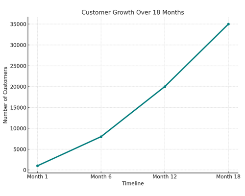Customer Growth Over 18 Months – shows the rapid rise in customer base as the startup scaled through sustainability branding and influencer-driven marketing.