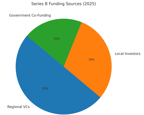 Pie chart of healthtech Series B funding in 2025 showing regional VCs, local investors, and government co-funding.