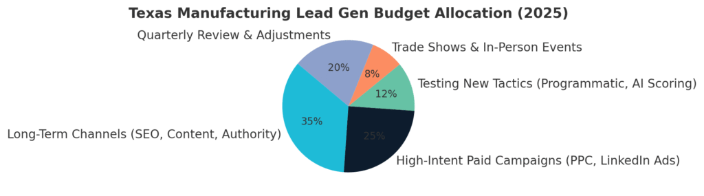 Pie chart showing 2025 Texas manufacturing lead generation budget split across SEO, paid ads, testing, events, and reviews.