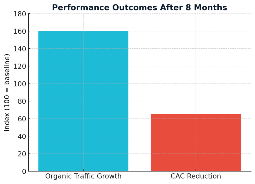Bar chart showing Thai organic skincare startup grew traffic 160% and cut CAC by 35% in 8 months using SEO.