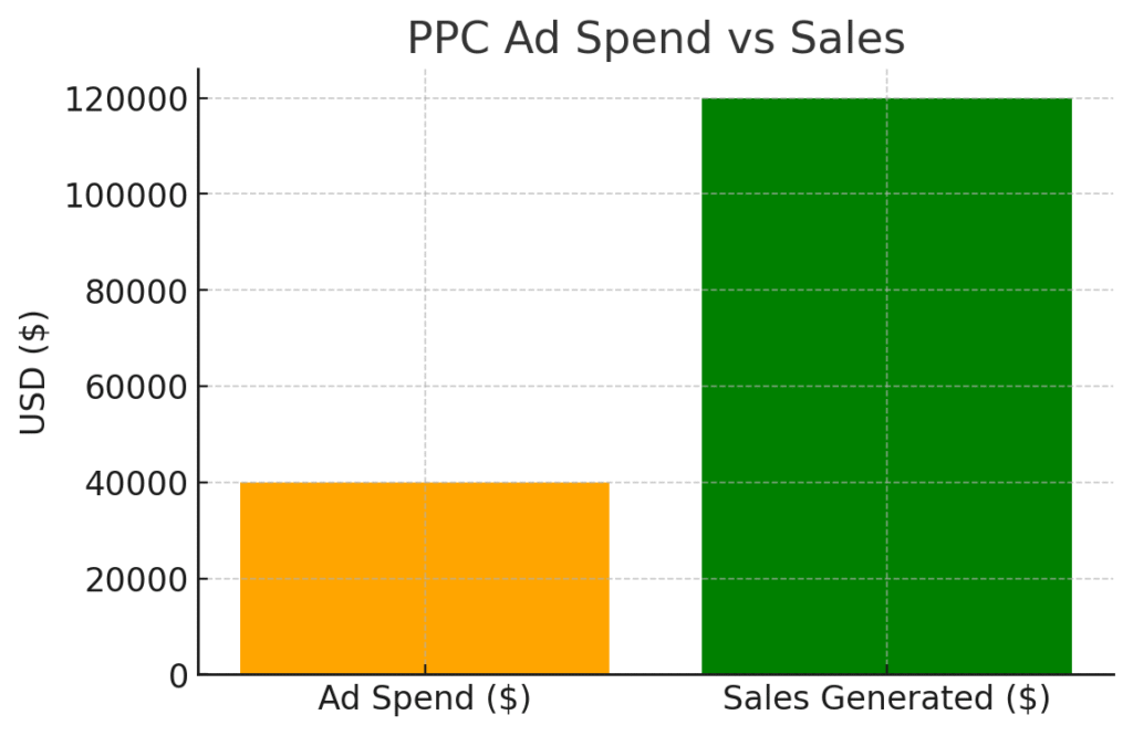 PPC Ad Spend vs Sales – Bar chart comparing $40k spend to $120k sales, showing the 4.8x ROI.