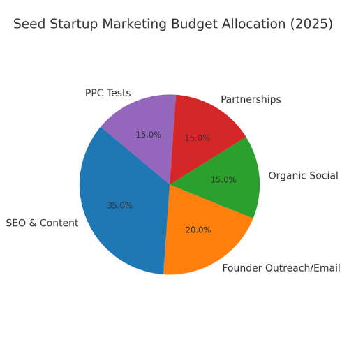 Pie chart showing $200k seed marketing budget split: 35% SEO, 20% outreach, 15% social, 15% partnerships, 15% PPC.