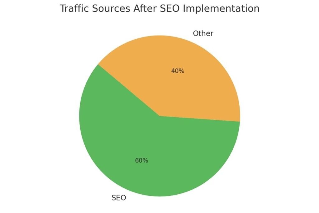 Pie chart showing traffic split in U.S. market: SEO generated 60% of new site traffic, other channels 40%.