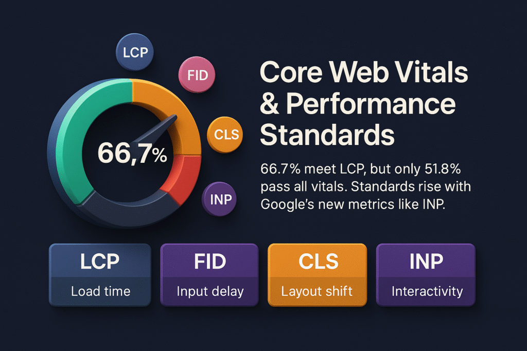 3D infographic on Core Web Vitals showing gauge with 66.7%, icons for LCP, FID, CLS, INP, and boxes explaining load, delay, shift, interactivity.