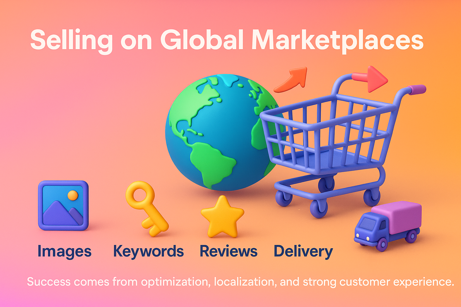 3D infographic on selling Chinese brands on global marketplaces, highlighting images, keywords, reviews, and delivery for e-commerce success.