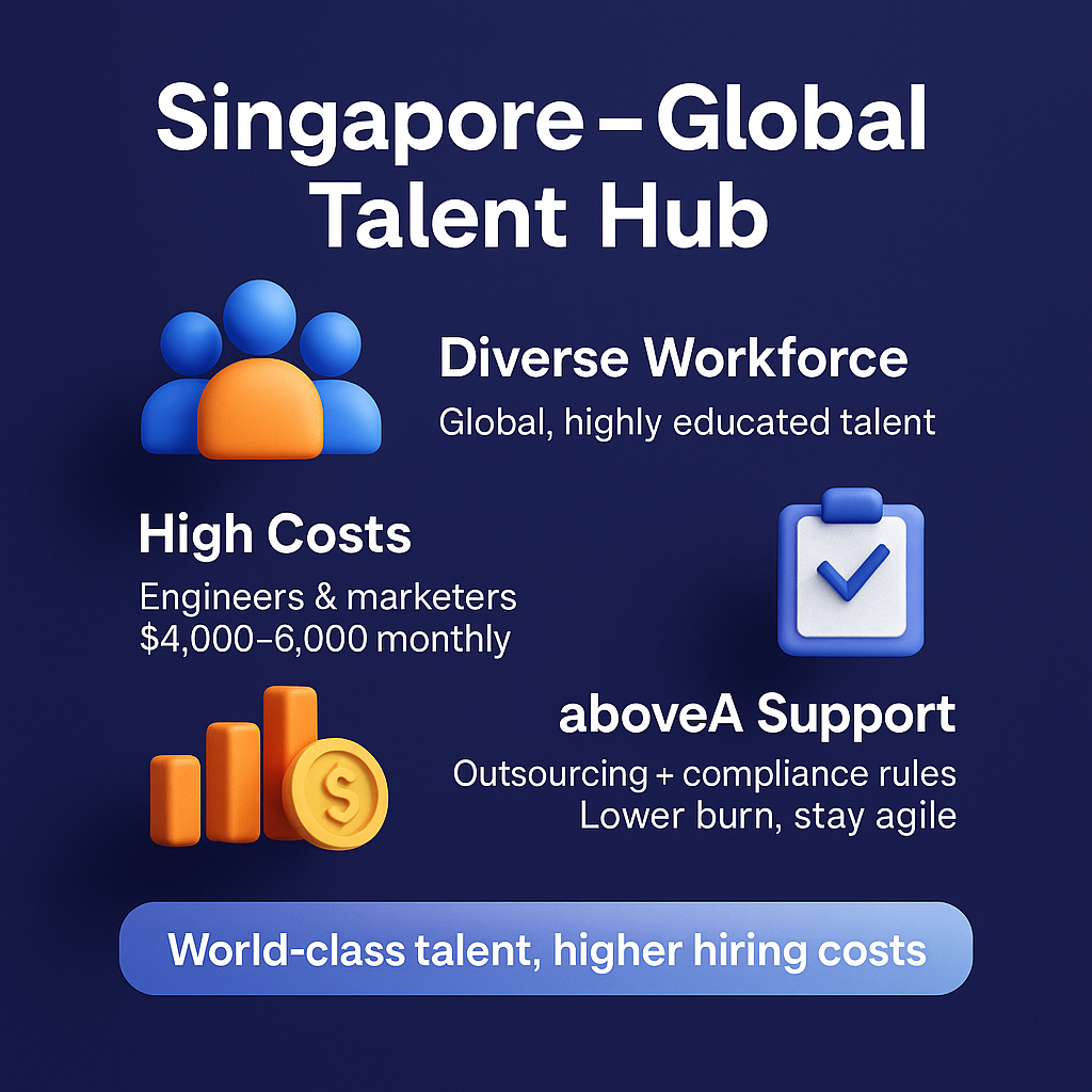 Square infographic on Singapore startup talent showing diverse global workforce, high salaries of $4,000–6,000, strict visa rules, and aboveA support with outsourcing and compliance.