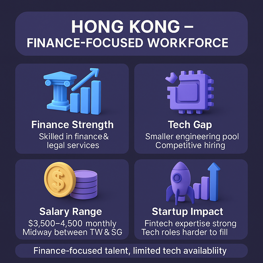 Square infographic on Hong Kong startup workforce highlighting finance and legal strengths, smaller tech talent pool, $3,500–4,500 salary range, and fintech expertise with limited technical roles.