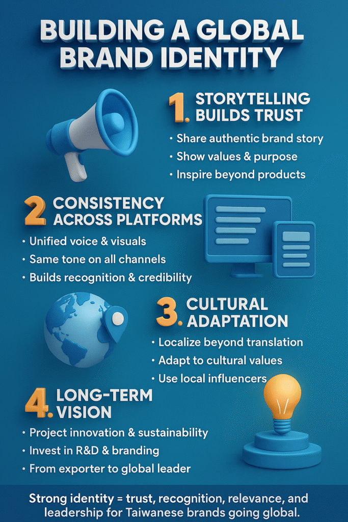 infographic titled "Building a Global Brand Identity" with four sections: storytelling, consistency, cultural adaptation, and long-term vision, showing how Taiwanese brands can expand globally.