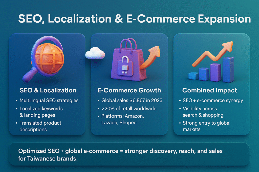 Horizontal infographic on SEO, localization, and e-commerce expansion showing multilingual strategies, $6.86T sales growth, and global market entry.
