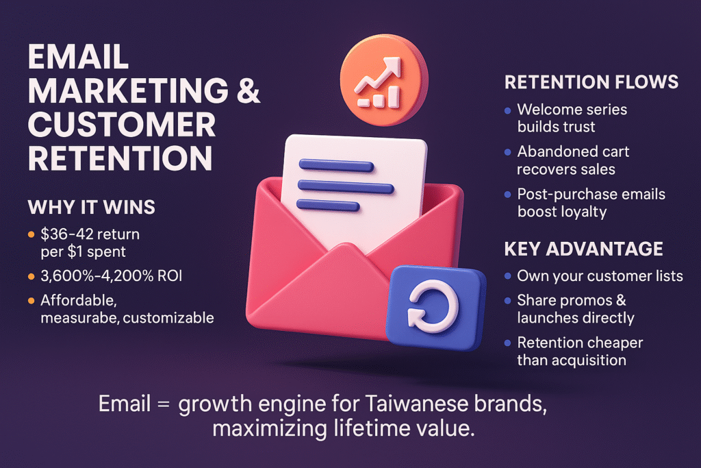 infographic titled "Email Marketing & Customer Retention," highlighting ROI, retention flows, customer list ownership, and global growth benefits.