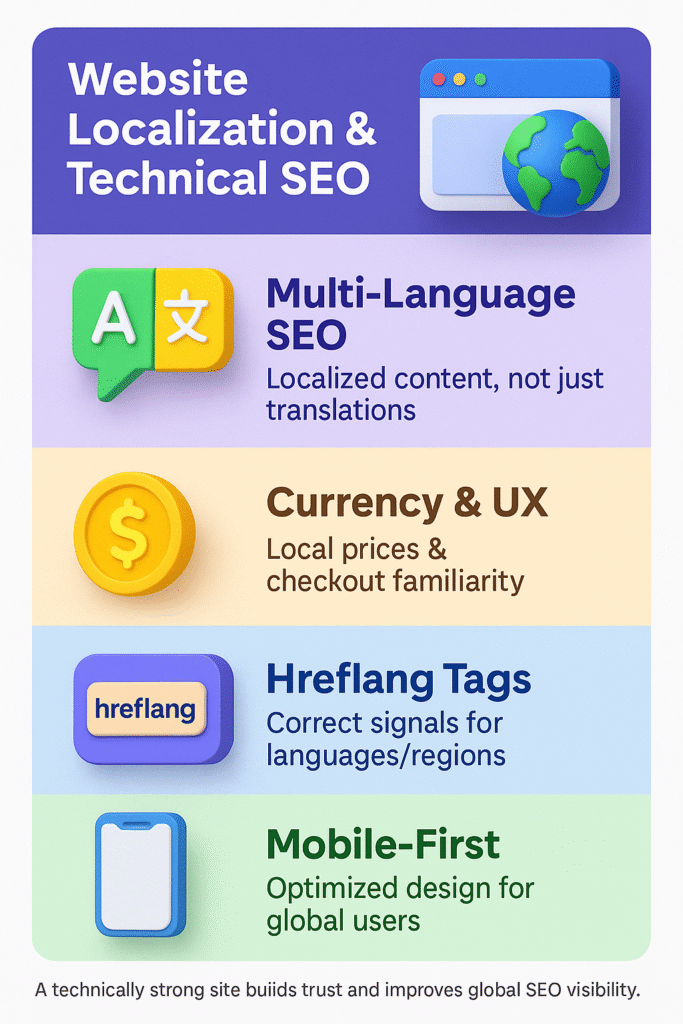 infographic on Google and Bing as core of global SEO, showing Google’s authority, content, UX and Bing’s metadata, speed, mobile.