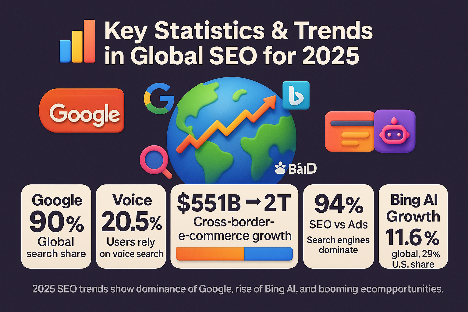 infographic on key SEO statistics and trends for 2025, highlighting Google’s 90% share, voice search growth, e-commerce scale, and Bing AI rise.