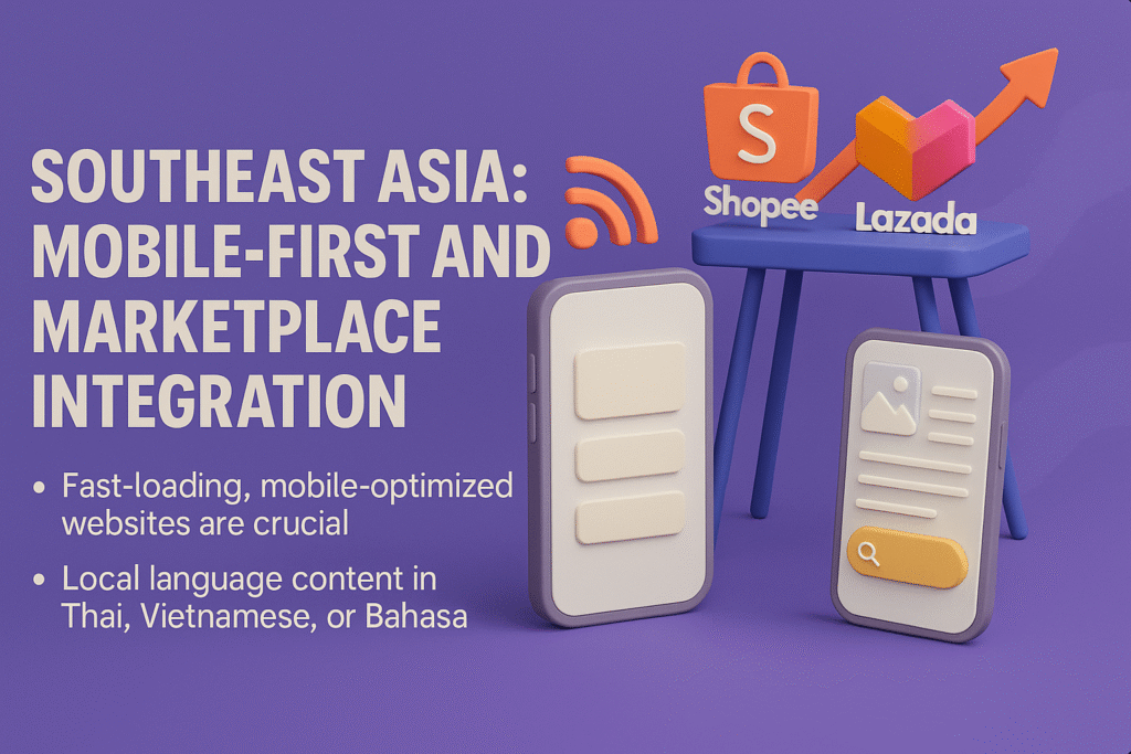 Horizontal 3D infographic on Southeast Asia SEO for Korean brands, featuring mobile-first design, local languages, and marketplace SEO integration.