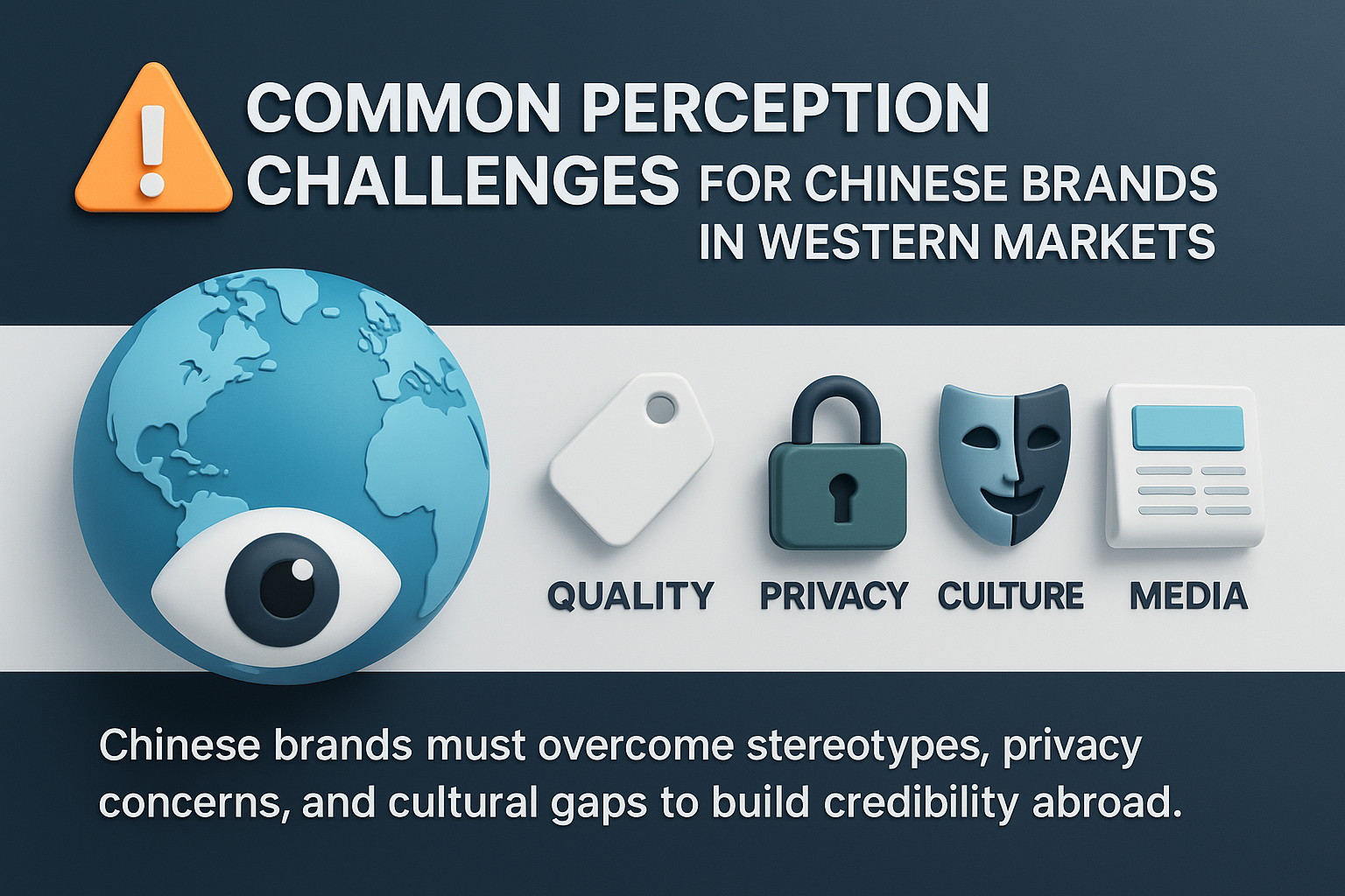Horizontal 3D infographic on perception challenges for Chinese brands in Western markets, highlighting quality, privacy, culture, and media issues.