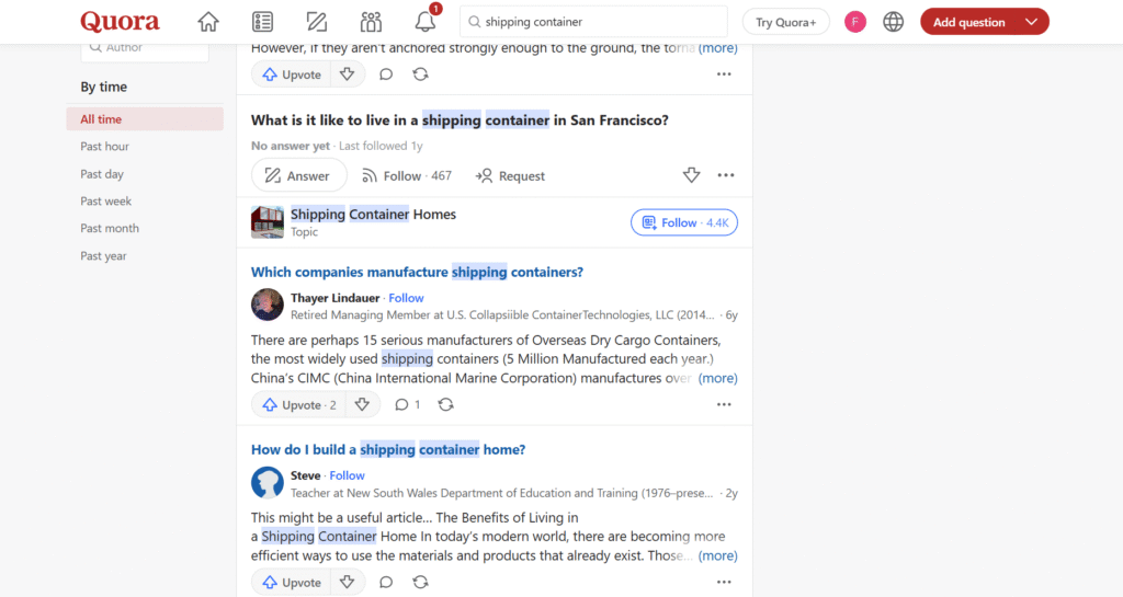 Quora example to find user asked questions on the subject matter