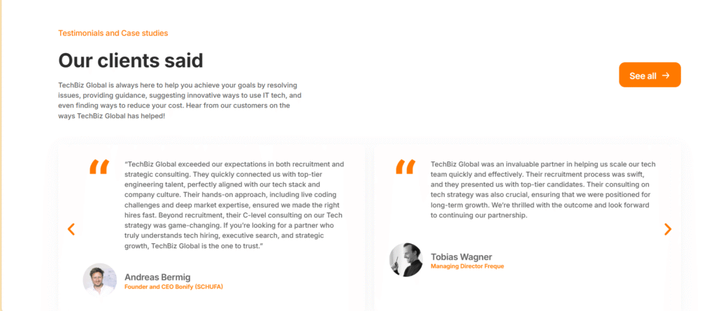 an example of the company using testimonials to build trust and authority