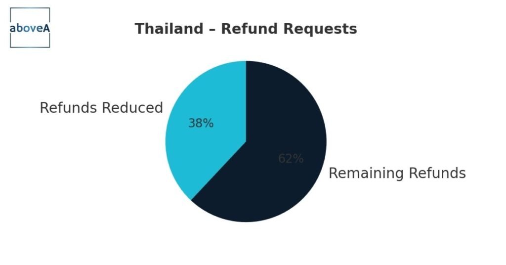 Pie chart showing Thailand refund requests reduced by 38%, leaving 62% remaining after localization changes.