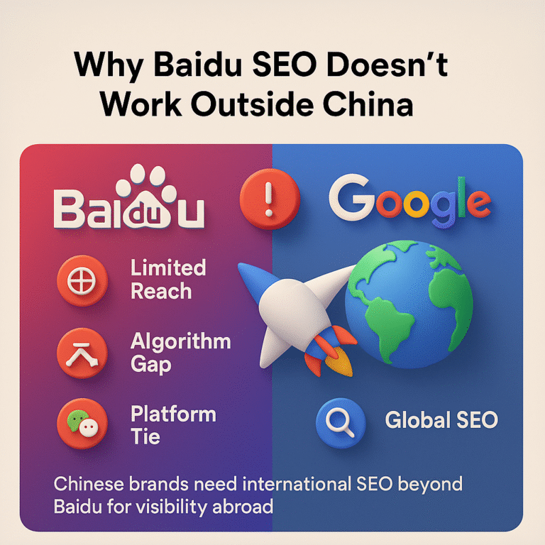 infographic comparing Baidu vs Google SEO, showing Baidu’s limited reach, algorithm gap, platform ties, and global SEO solutions.