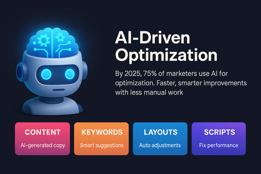 infographic on AI-driven optimization with robot head icon, title, and blocks for content, keywords, layouts, and performance scripts.