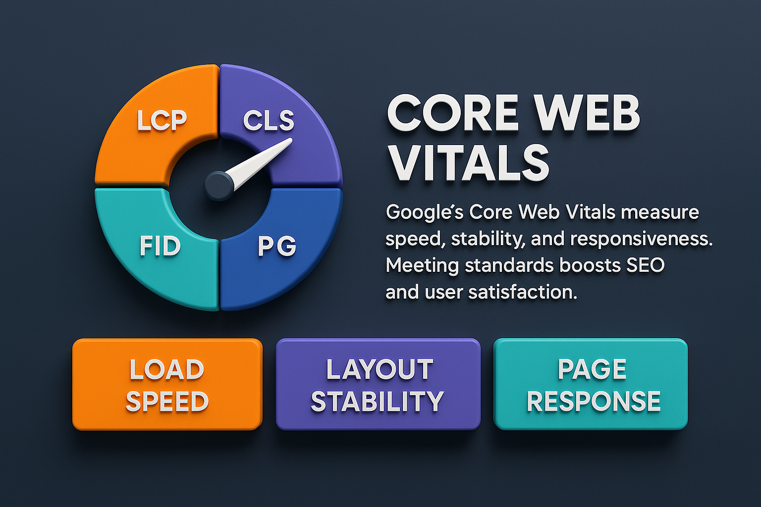 infographic on Core Web Vitals showing gauge with LCP, CLS, FID, and aligned blocks for load speed, layout stability, response.