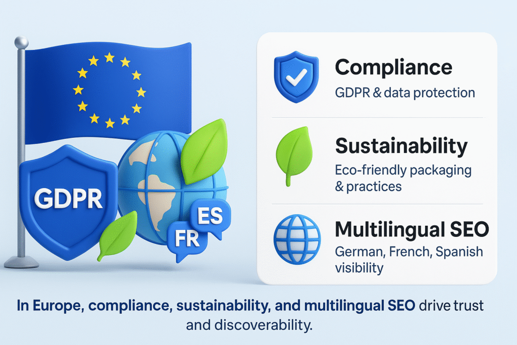 infographic on Europe SEO for Korean brands, featuring compliance with GDPR, sustainability practices, and multilingual SEO for trust.