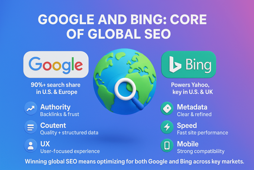 infographic on Google and Bing as core of global SEO, showing Google’s authority, content, UX and Bing’s metadata, speed, mobile.