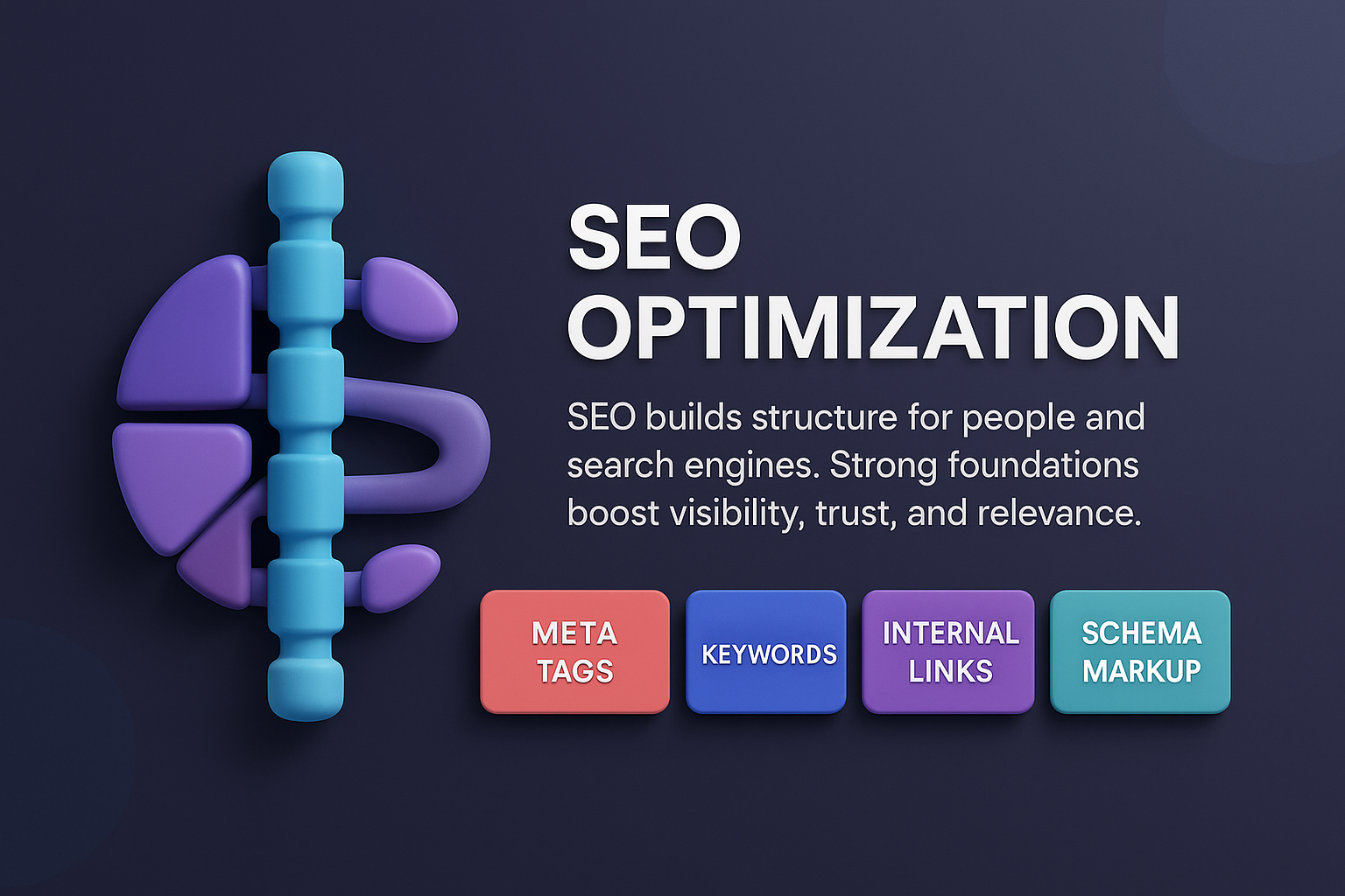 infographic on SEO Optimization with backbone icon, bold title, short description, and aligned blocks for meta tags, keywords, links, schema.