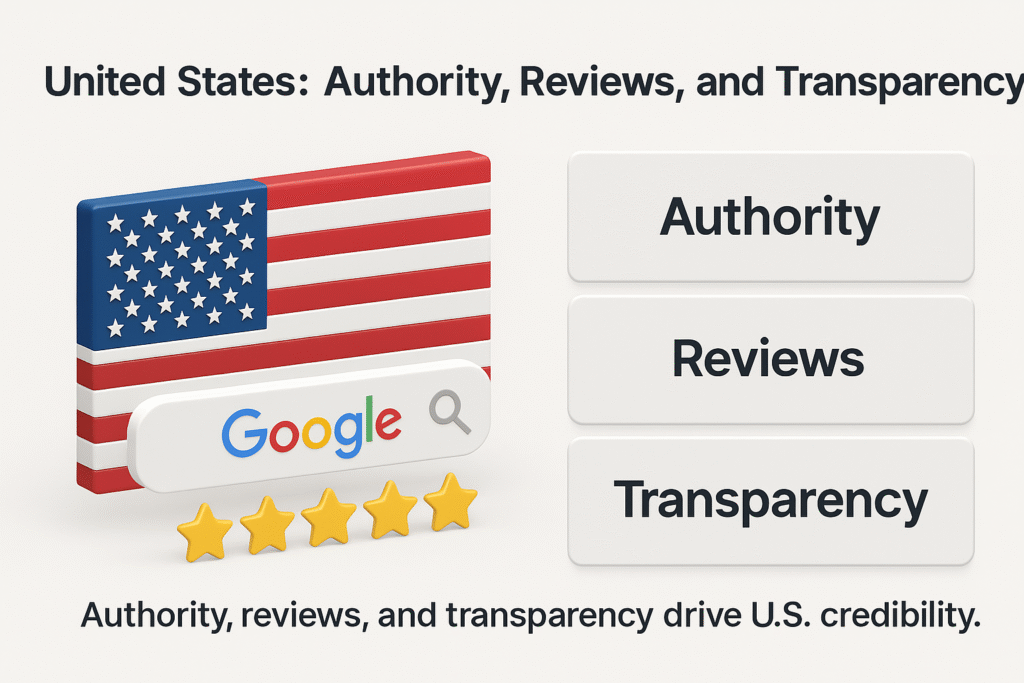 infographic on U.S. SEO for Korean brands, highlighting authority, reviews, and transparency as key drivers of credibility and trust.