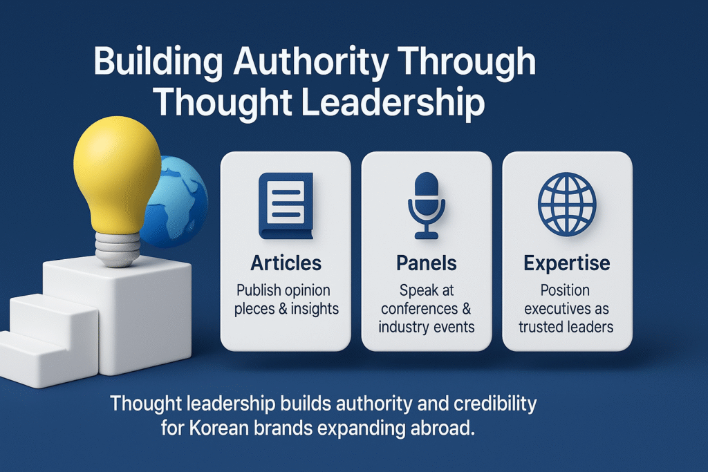 infographic on building authority through thought leadership, featuring articles, panels, and expertise as credibility drivers for Korean brands.