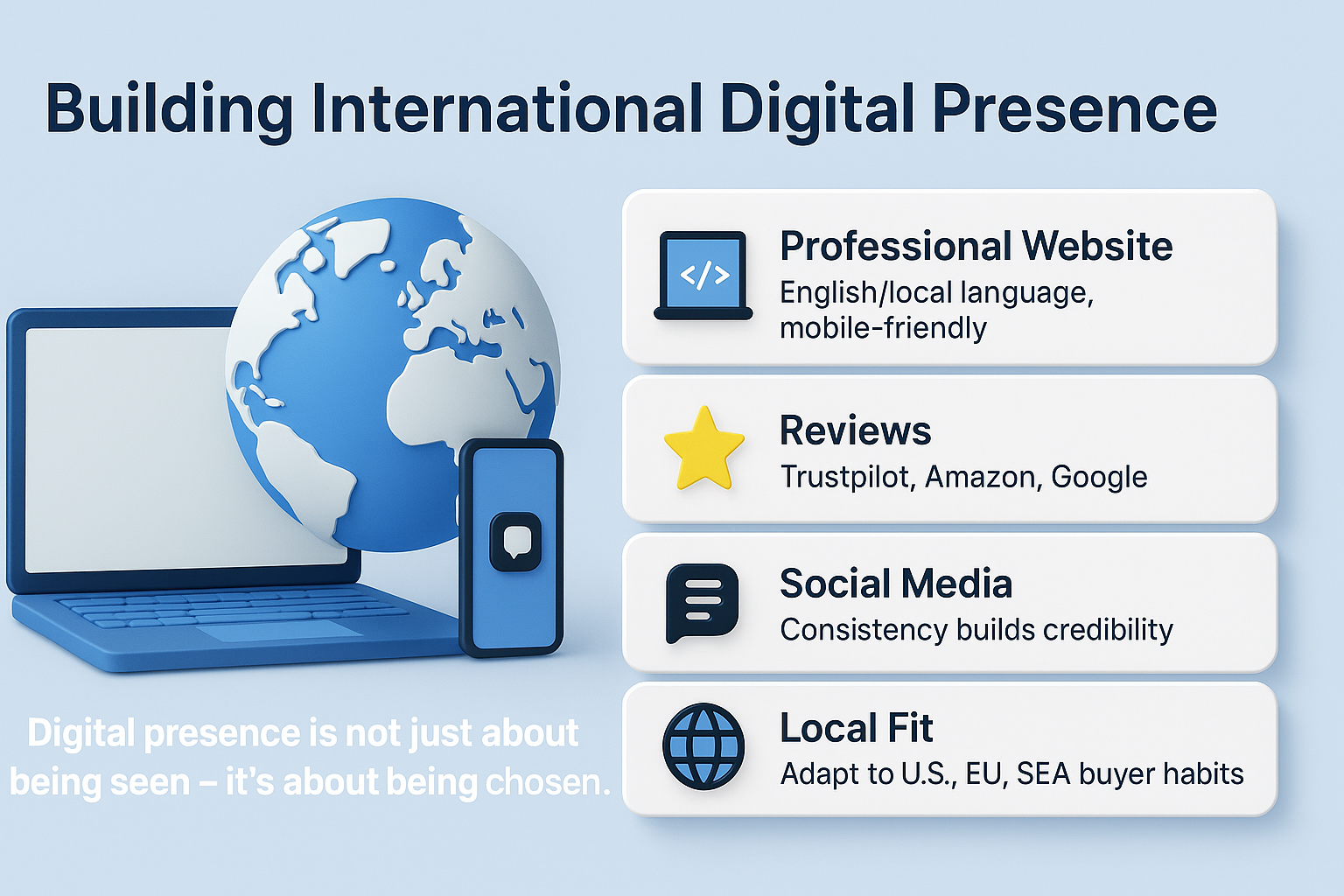 infographic on building international digital presence for Korean companies, featuring website, reviews, social media, and local market adaptation.