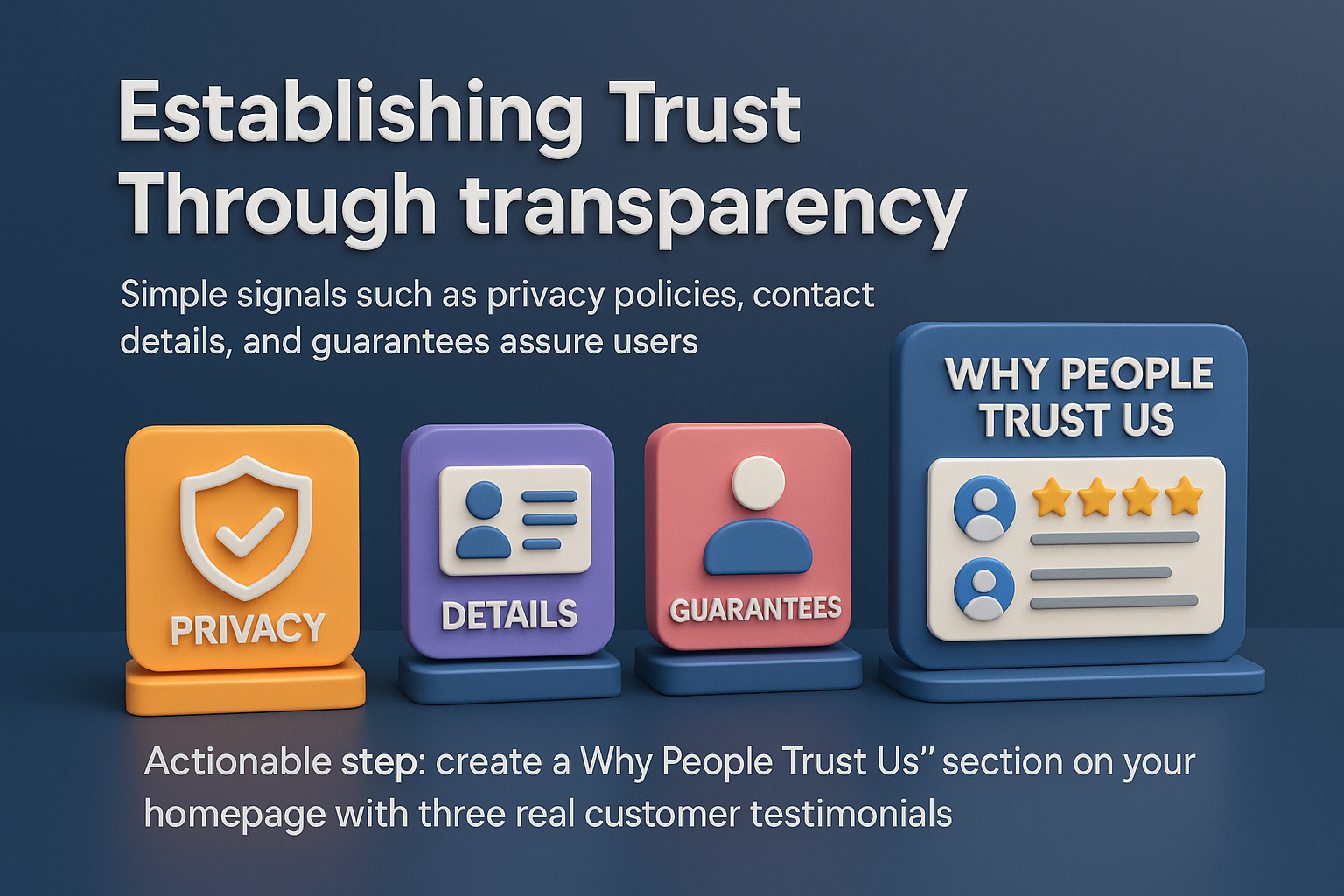 infographic on building trust through transparency with icons for privacy, contact details, guarantees, and testimonials on a modern blue backdrop.