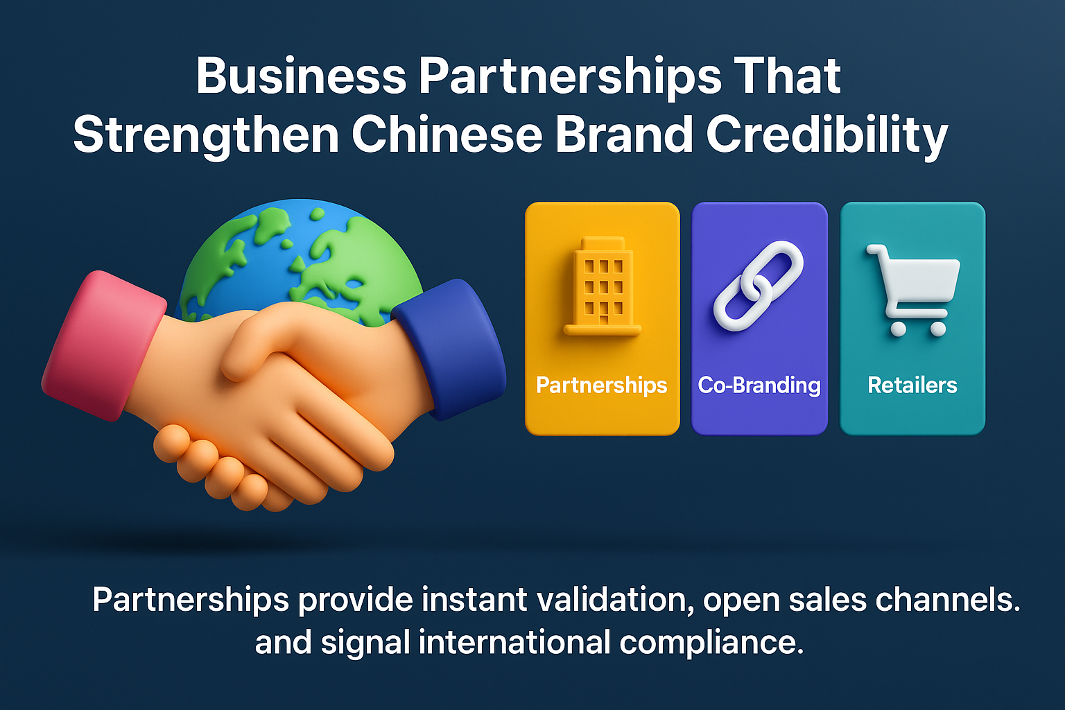 infographic on business partnerships that strengthen Chinese brand credibility, featuring handshake with globe and icons for partnerships, co-branding, and retailers.