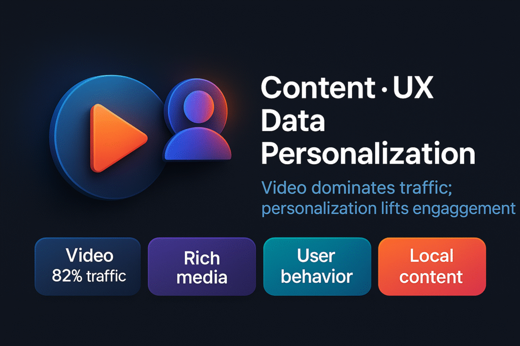 infographic on content, UX, data, and personalization with play button, user icon, and blocks for video, media, behavior, and local content.