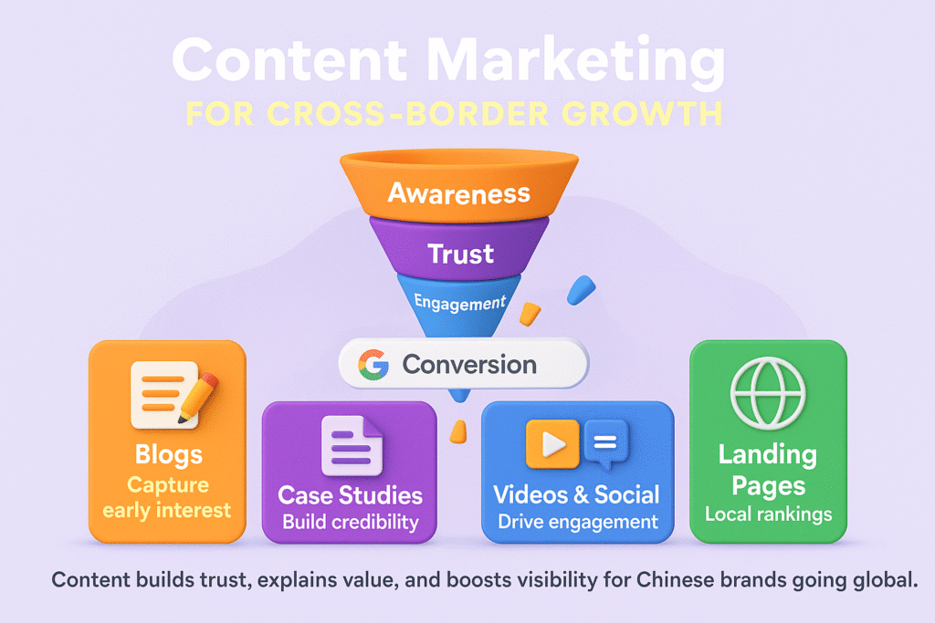 infographic on content marketing for cross-border growth, showing blogs, case studies, videos, and landing pages driving trust and conversions.