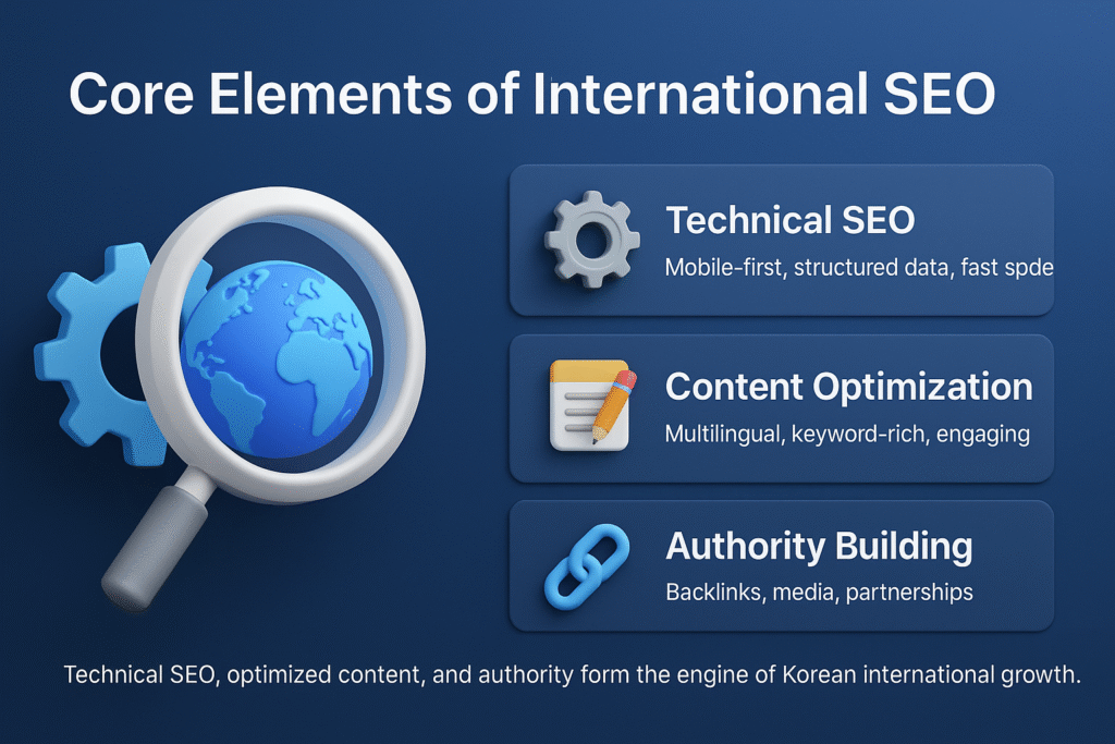 infographic on core elements of international SEO, featuring technical SEO, content optimization, and authority building for Korean brands.