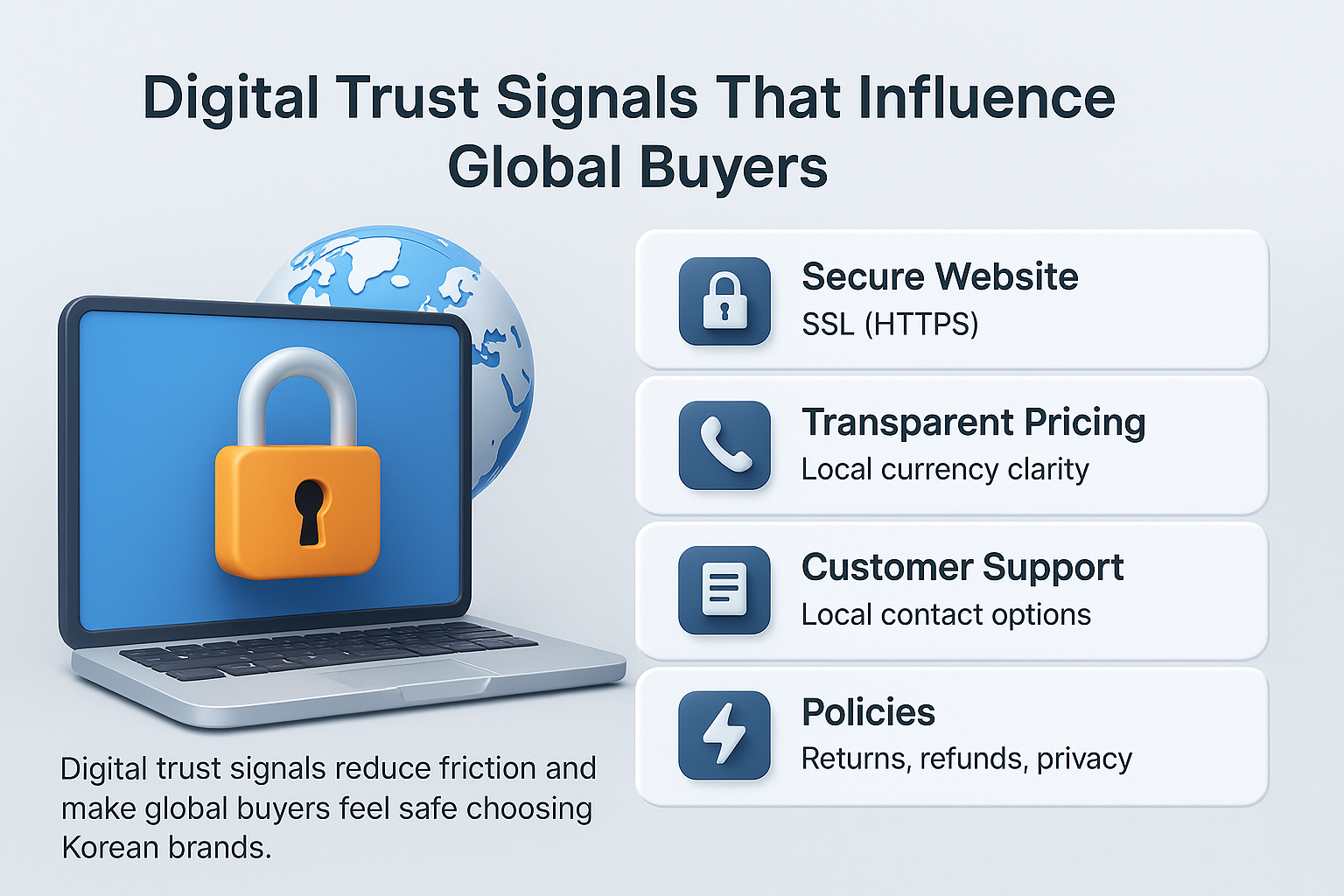 infographic on digital trust signals that influence global buyers, featuring secure website, pricing clarity, customer support, policies, and mobile design.