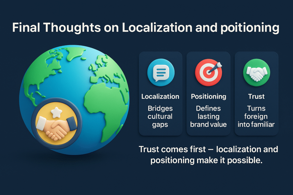 infographic on final thoughts for localization and positioning, featuring localization, positioning, and trust with globe and handshake icons.