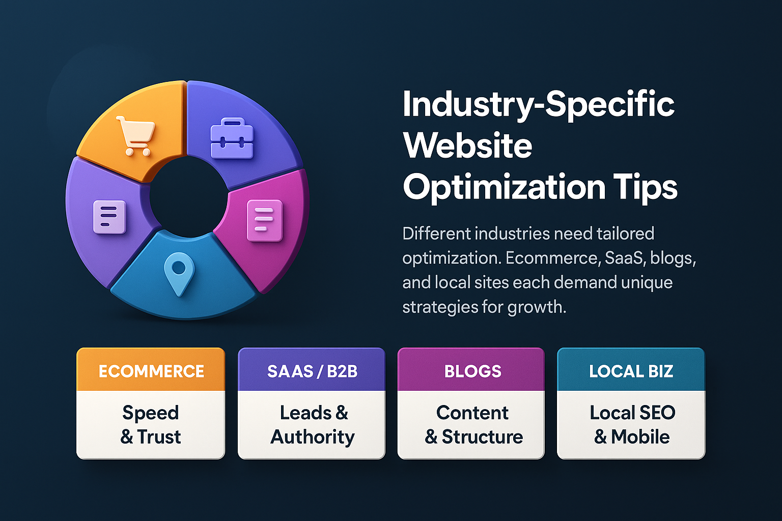 infographic on industry-specific website optimization with circle chart and boxes for ecommerce, SaaS, blogs, and local business tips.