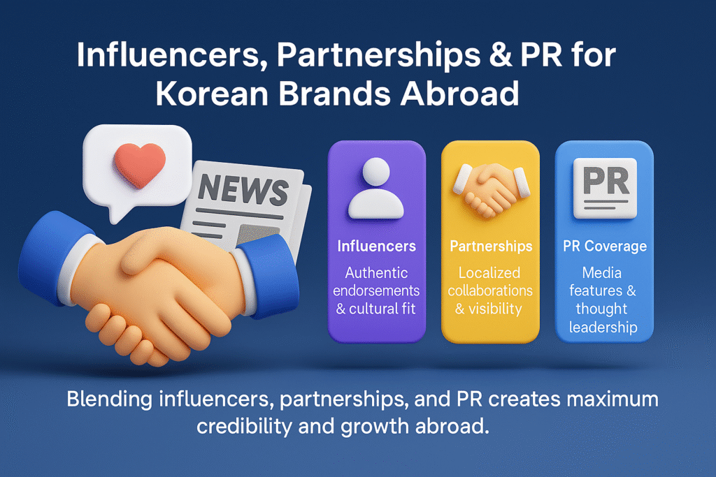 infographic on influencers, partnerships, and PR for Korean brands abroad, featuring authentic endorsements, collaborations, and media coverage.