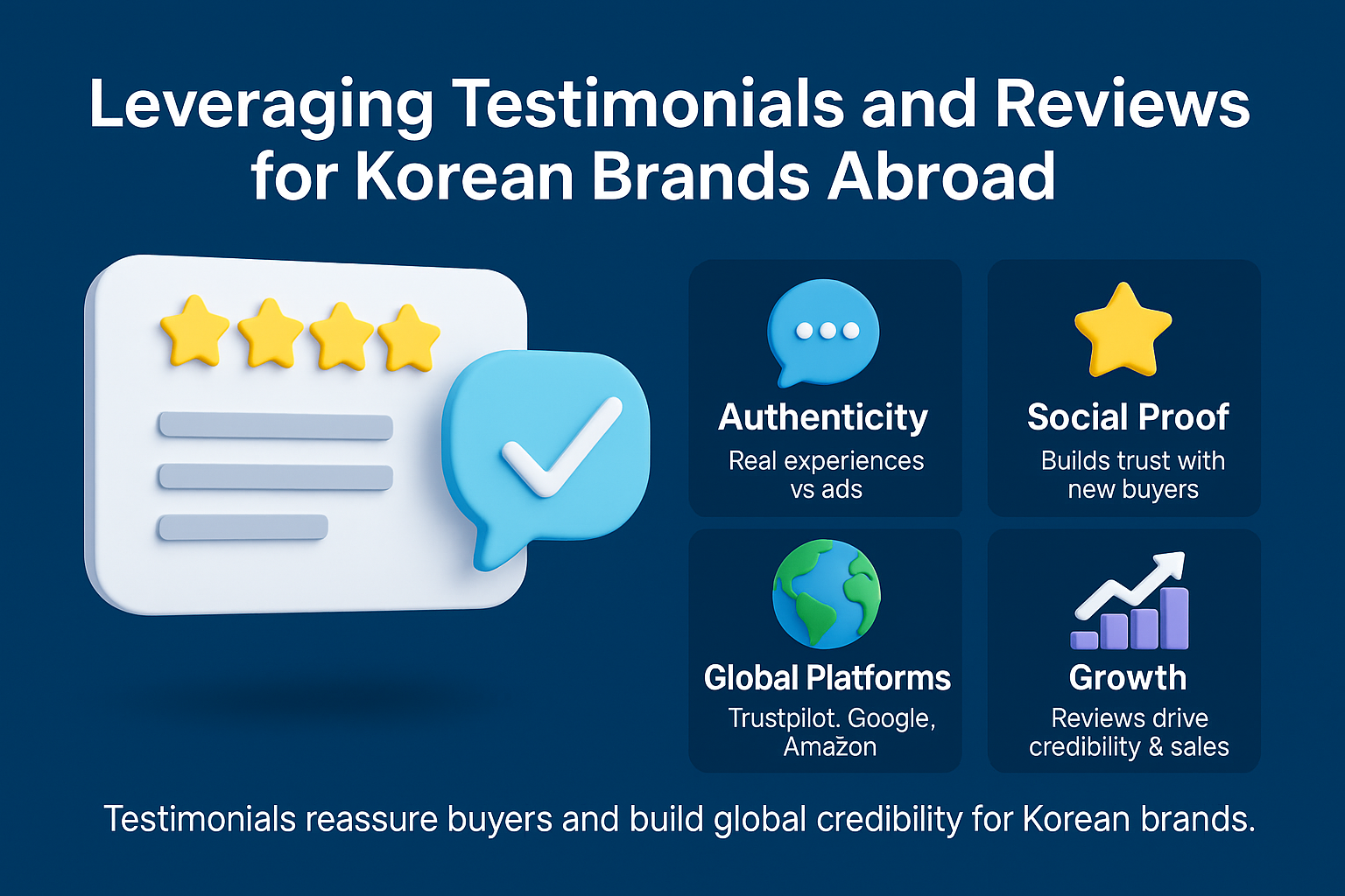 infographic on leveraging testimonials and reviews for Korean brands abroad, featuring authenticity, social proof, global platforms, and growth.