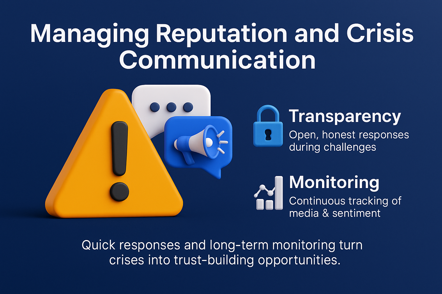 infographic on managing reputation and crisis communication, featuring icons for transparency, monitoring, warning sign, and chat bubbles.