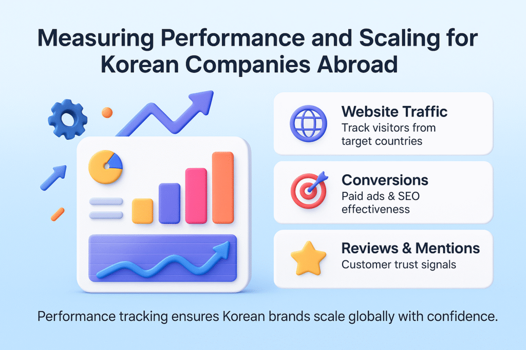 infographic on measuring performance and scaling for Korean companies abroad, featuring website traffic, conversions, reviews, and ROI tracking.