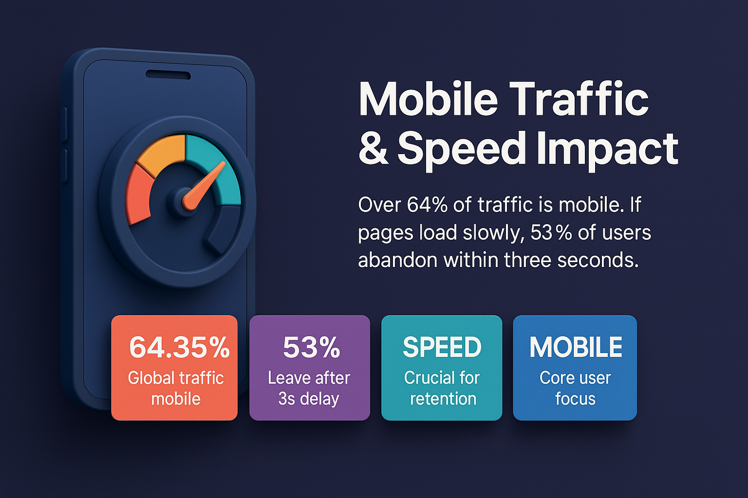 infographic on mobile traffic and speed impact with smartphone and gauge, showing 64.35% global mobile traffic and 53% abandonment rate.